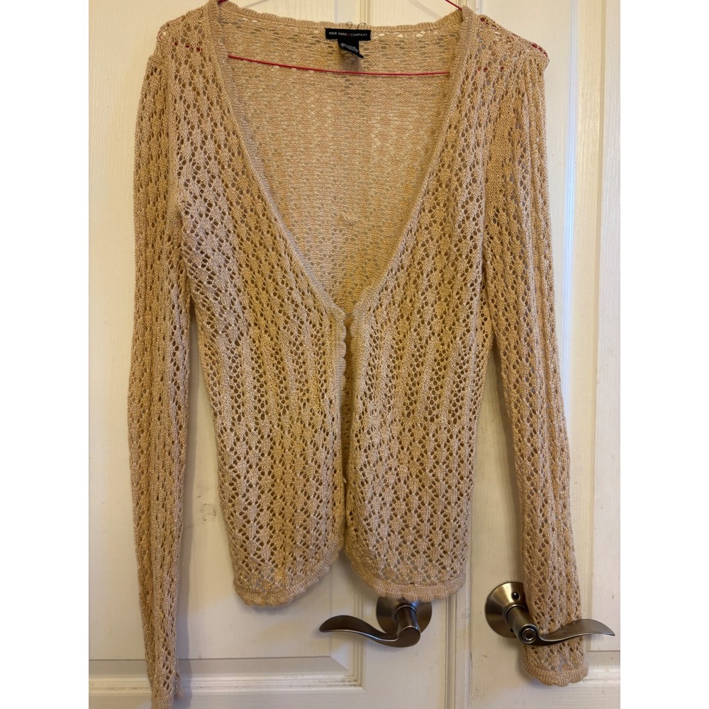 New York & Company Gold Metallic Crochet Knit Cardigan Hook Eye Vintage 2000s M